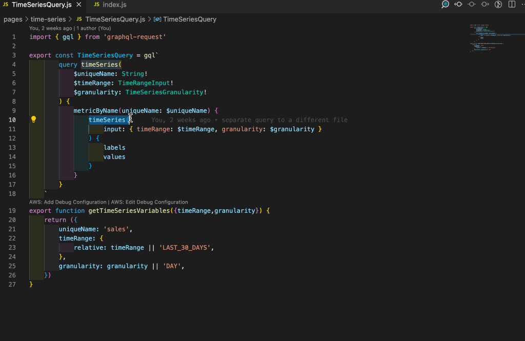 An animated screen capture of Visual Studio Code, showing exactly how to use Propel’s GraphQL API, React, and ECharts to query and visualize Metric data from Snowflake.