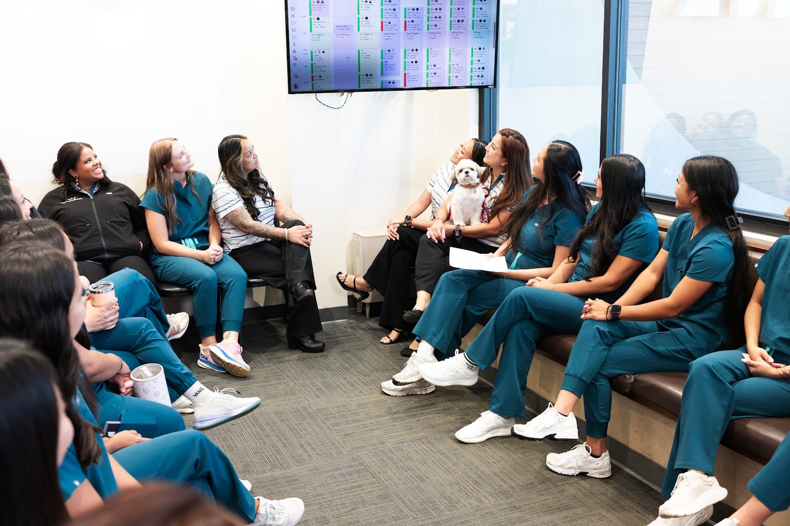A large group of dental staff members sit together looking up at a wall-mounted screen displaying a schedule.