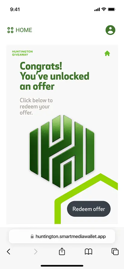 Mobile screen showing a Huntington Giveaway message: 'Congrats! You've unlocked an offer' with a green Huntington logo and a 'Redeem offer' button.