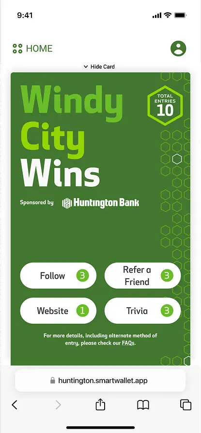 Mobile app screen showing 'Windy City Wins' contest sponsored by Huntington Bank with options to Follow, Refer a Friend, visit Website, and play Trivia, each with entry counts.