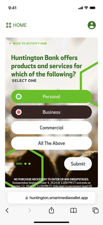 Mobile screen showing a Huntington Bank survey asking which products and services they offer, with options Personal, Business, Commercial, and All The Above; Personal is selected and a Submit button is visible.