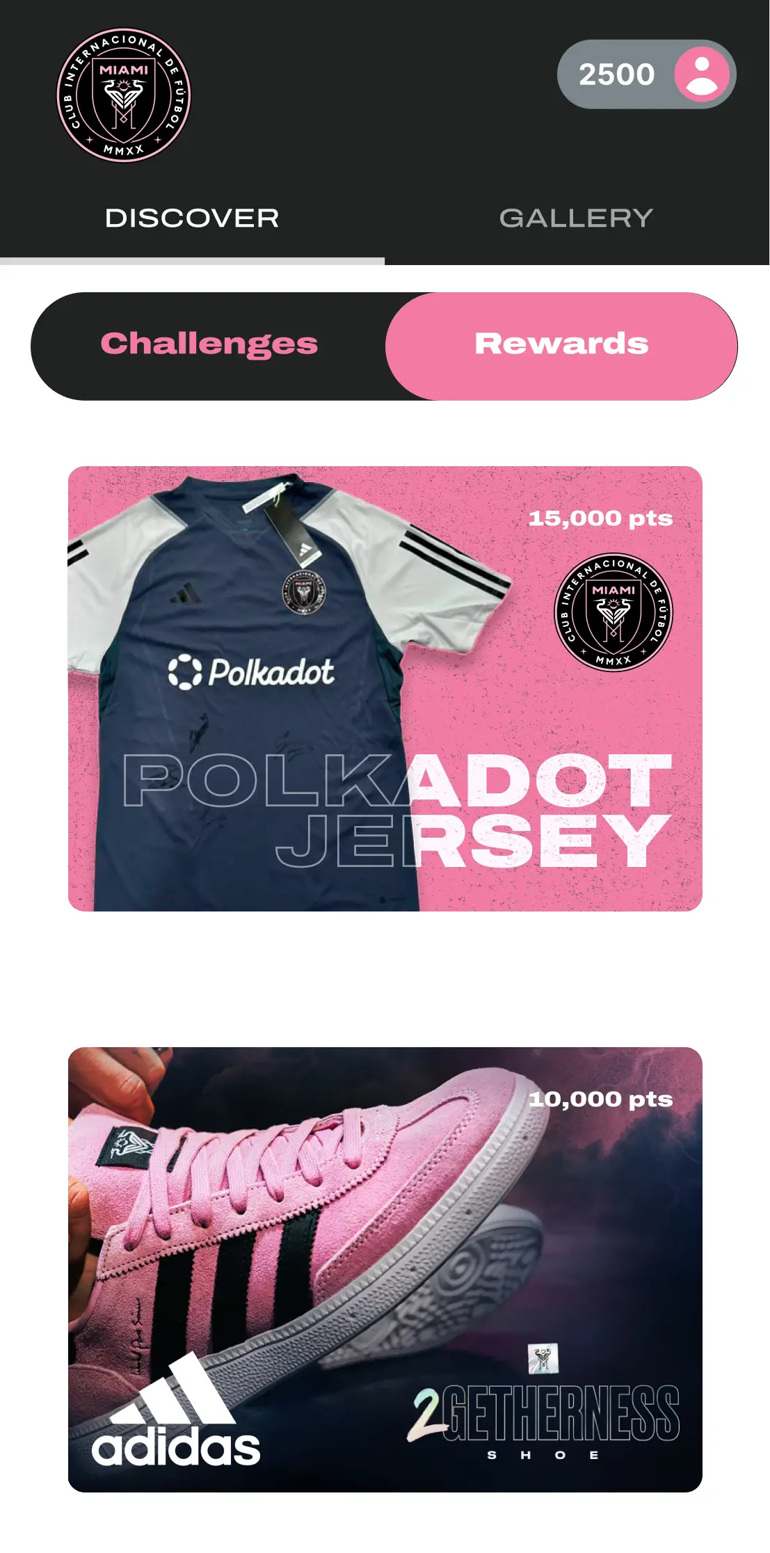 Rewards screen showing a navy and gray Polkadot jersey for 15,000 points and a pink Adidas 2getherness shoe for 10,000 points.