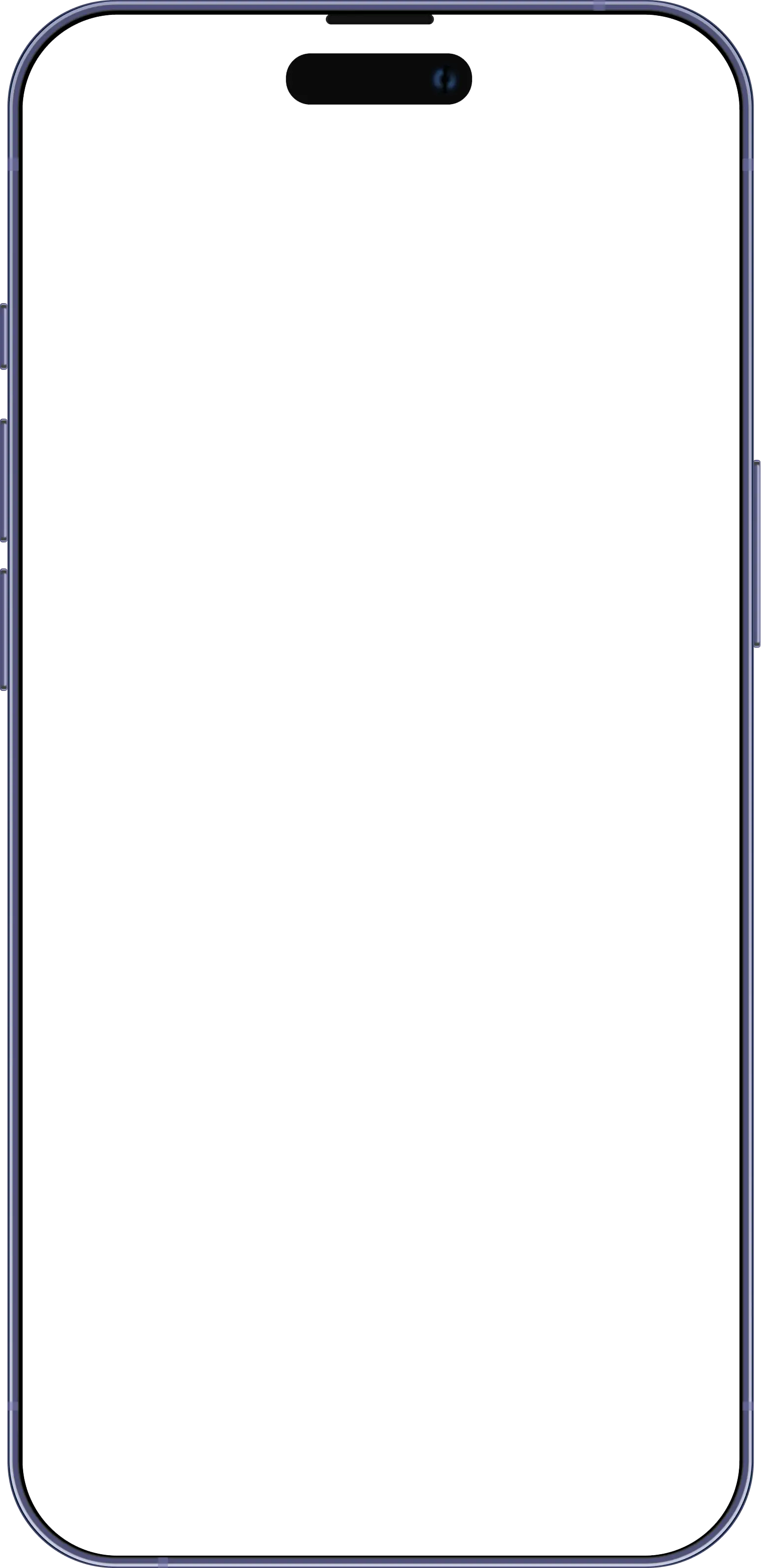 Front view of a modern smartphone with rounded edges and a pill-shaped cutout at the top center of the screen.