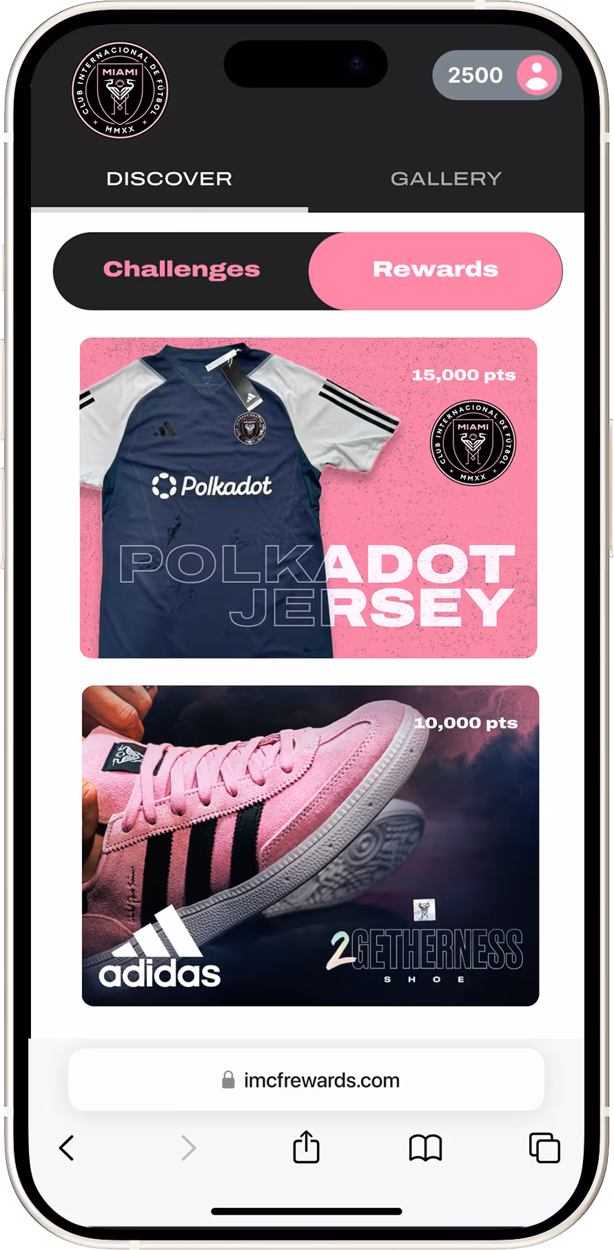 Mobile app screen showing Rewards tab with a navy and gray Polkadot jersey for 15,000 points and pink Adidas shoes for 10,000 points.