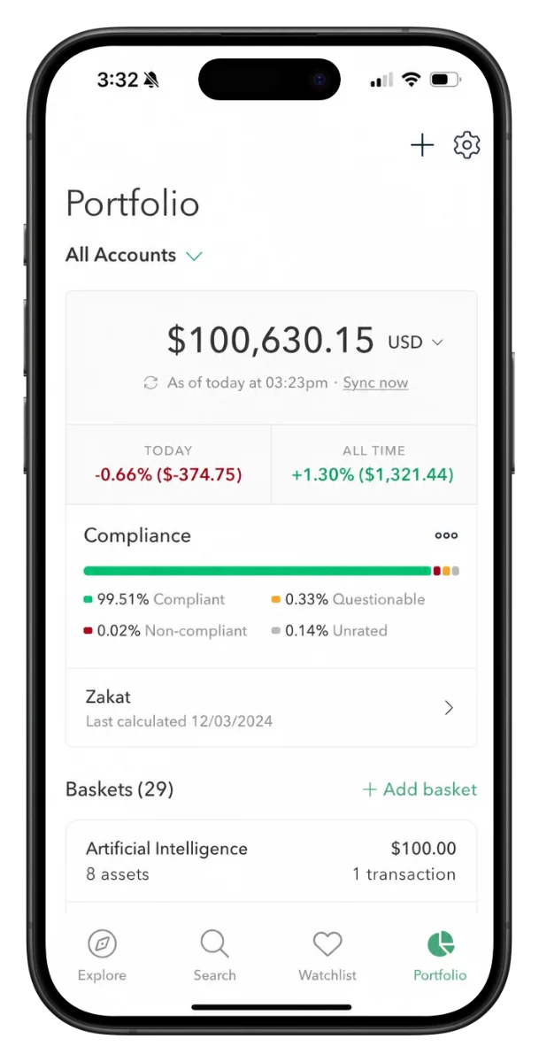 Zoya portfolio screen showing compliance breakdown and zakat