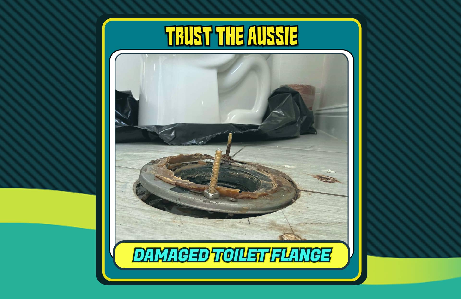 Severely damaged and corroded toilet flange with rusted metal ring and deteriorated wax seal remnants on bathroom tile floor, showing extensive wear and structural failure that requires professional repair.