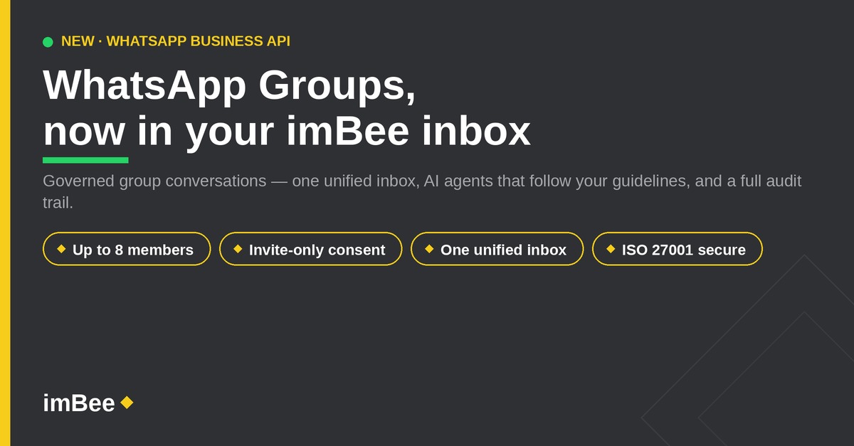 imBee mengelola grup WhatsApp dari satu kotak masuk terpadu — terkelola dengan baik, dapat diaudit, dan dapat menampung hingga 8 anggota