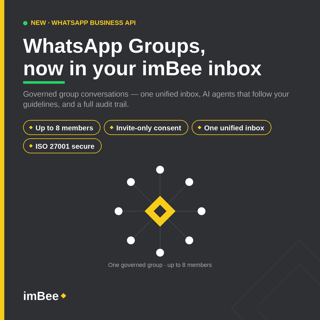 WhatsApp Groups, now in your imBee inbox — up to 8 members, invite-only, ISO 27001 secure