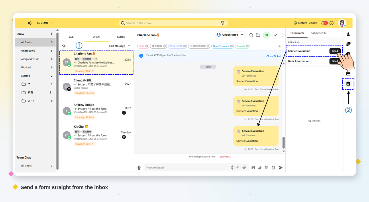Sending a WhatsApp Form directly from the imBee inbox by picking it from the forms panel