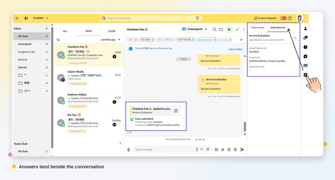 A submitted WhatsApp Form shown beside the conversation in the imBee inbox, with the structured answers in the contact panel