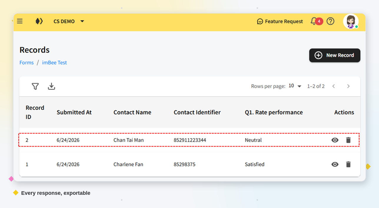 The Records table in imBee listing every WhatsApp Form submission with contact name, identifier and answers, ready to export
