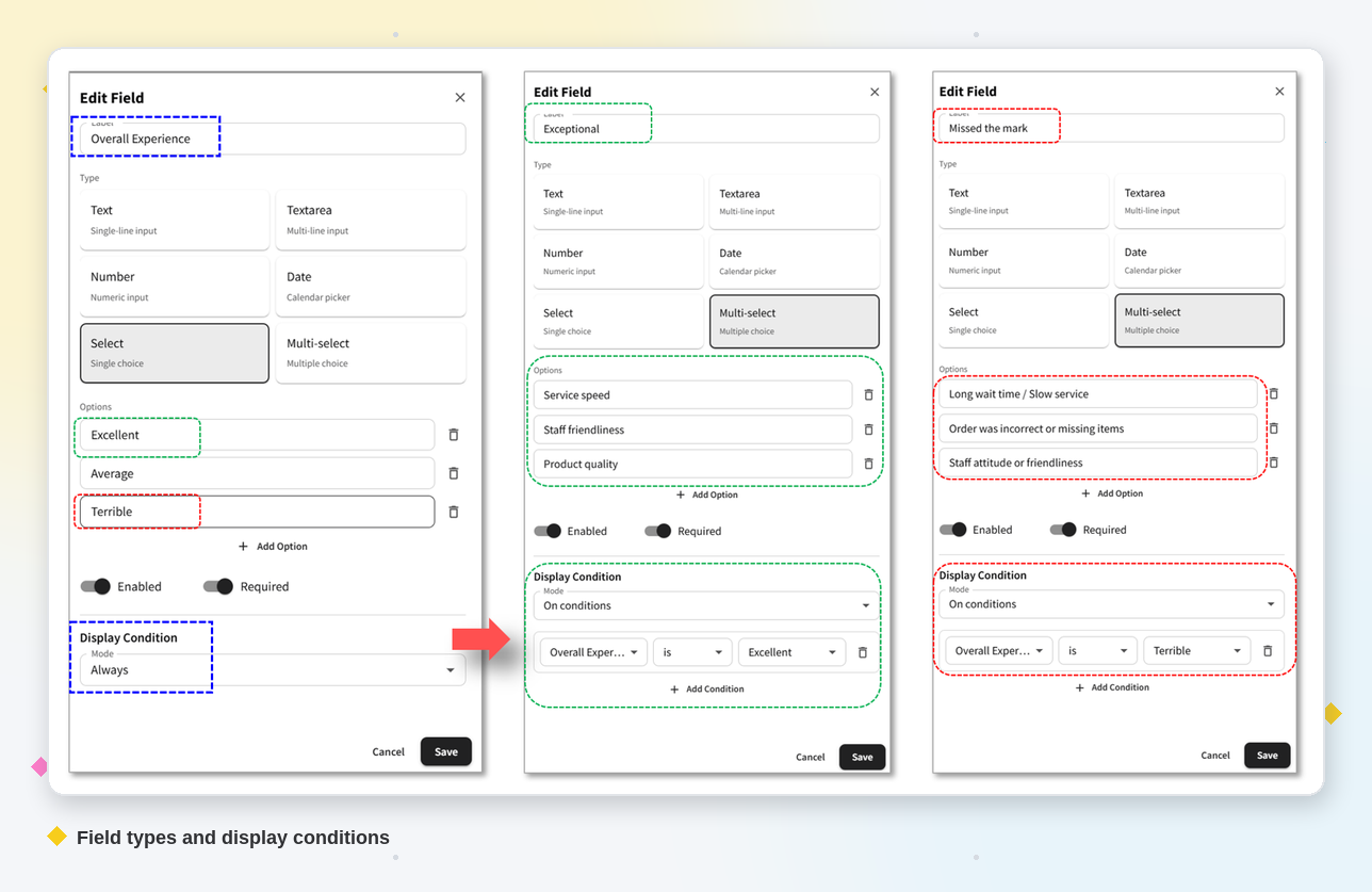 Editing a WhatsApp Form field in imBee — choosing the field type and setting a display condition