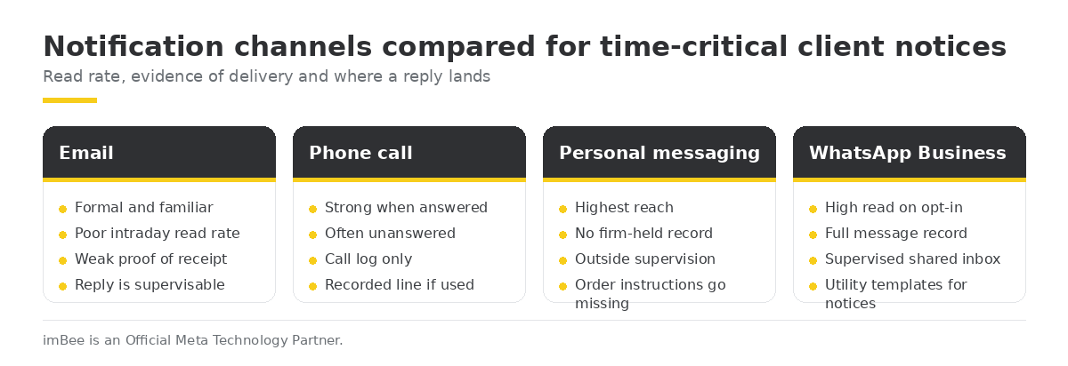 Notification channels compared for time-critical client notices