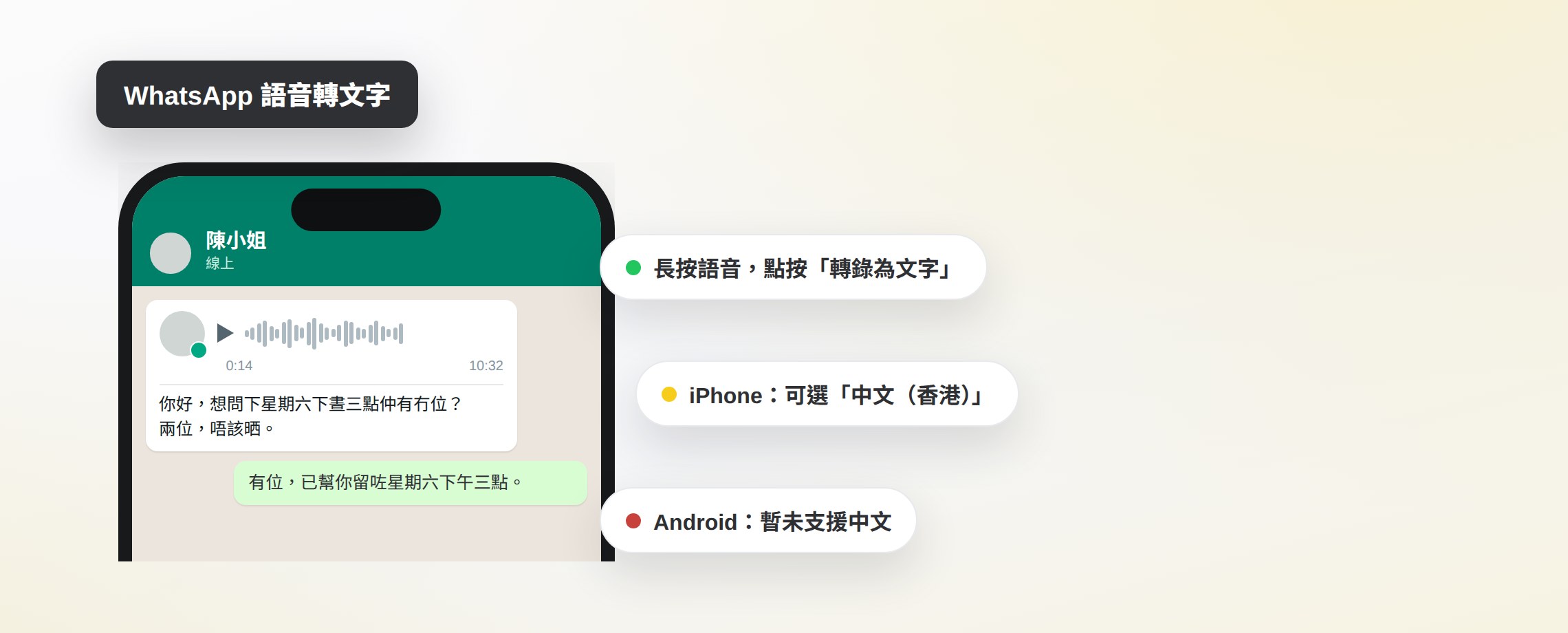 WhatsApp 語音轉文字示意圖:語音訊息下面顯示廣東話轉錄文字,旁邊標示長按語音點按「轉錄為文字」、iPhone 可選中文(香港)、Android 暫未支援中文