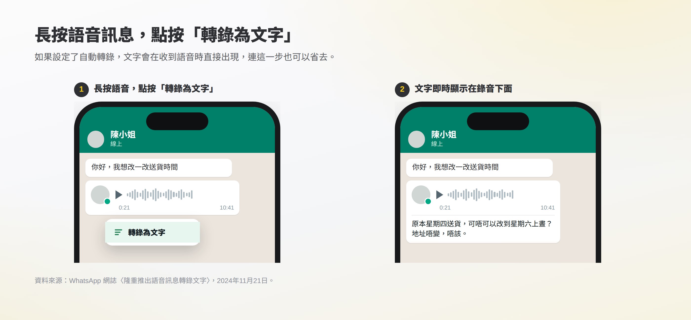兩部手機並列:長按語音訊息點按「轉錄為文字」,文字隨即顯示在錄音下面