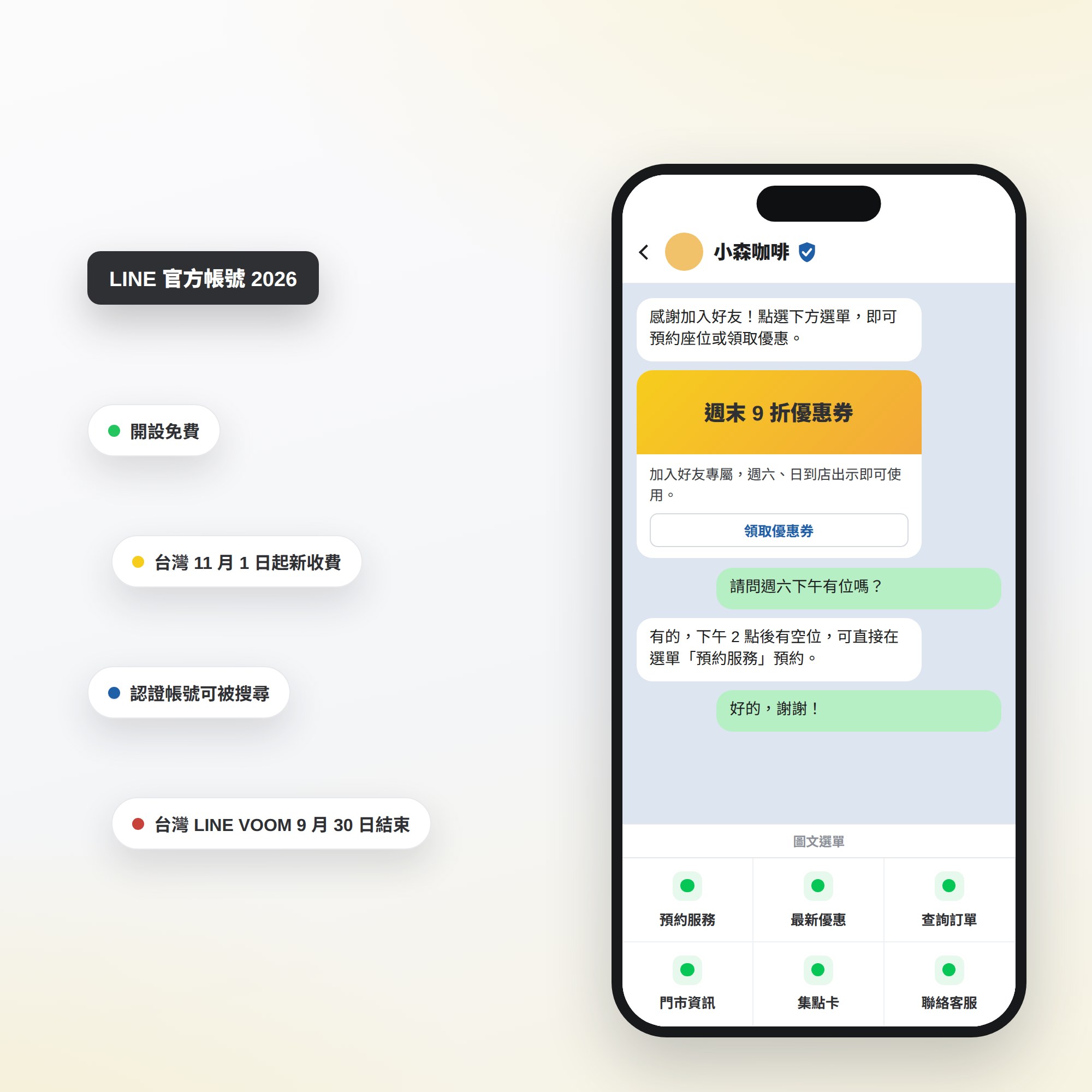 LINE 官方帳號示意圖：手機顯示商家官方帳號的聊天畫面和圖文選單，旁邊標示免費開設、台灣 2026 年 11 月新收費、認證帳號可被搜尋、台灣 LINE VOOM 9 月 30 日結束服務