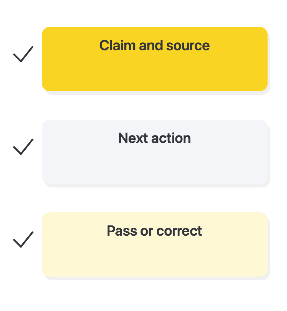 Review the answer and the next action: Claim and source → Next action → Pass or correct