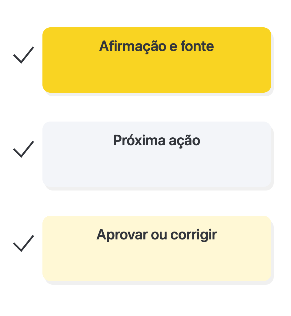Revise a resposta e a próxima ação: Afirmação e fonte → Próxima ação → Aprovar ou corrigir