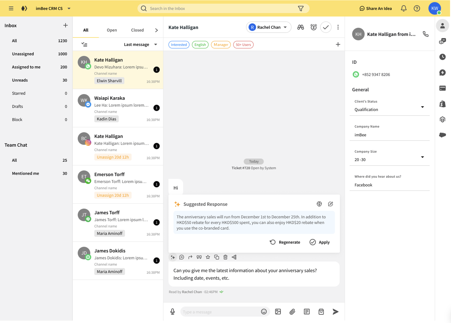 imBee AI inbox — AiskBee drafts a guideline-grounded reply