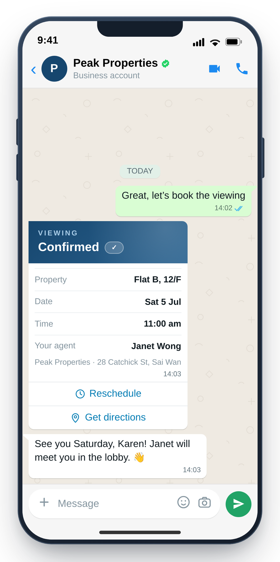WhatsApp viewing booking with slot picker, location pin and agent contact card