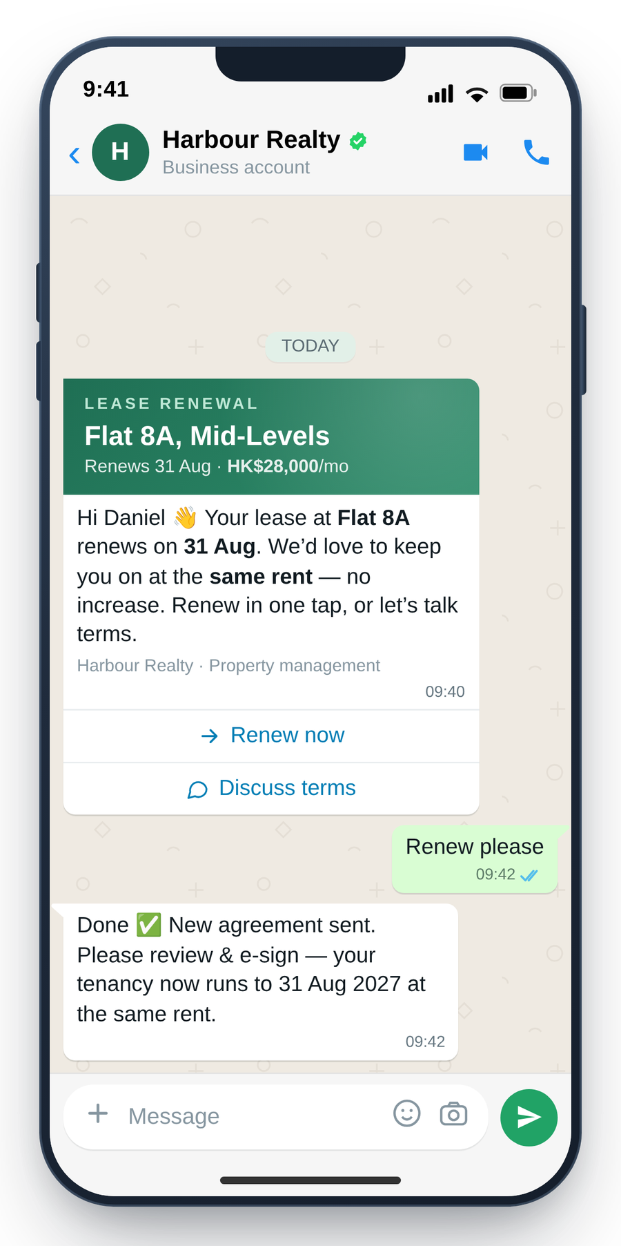 WhatsApp lease-renewal nudge with one-tap renew, chat-with-agent and notice options
