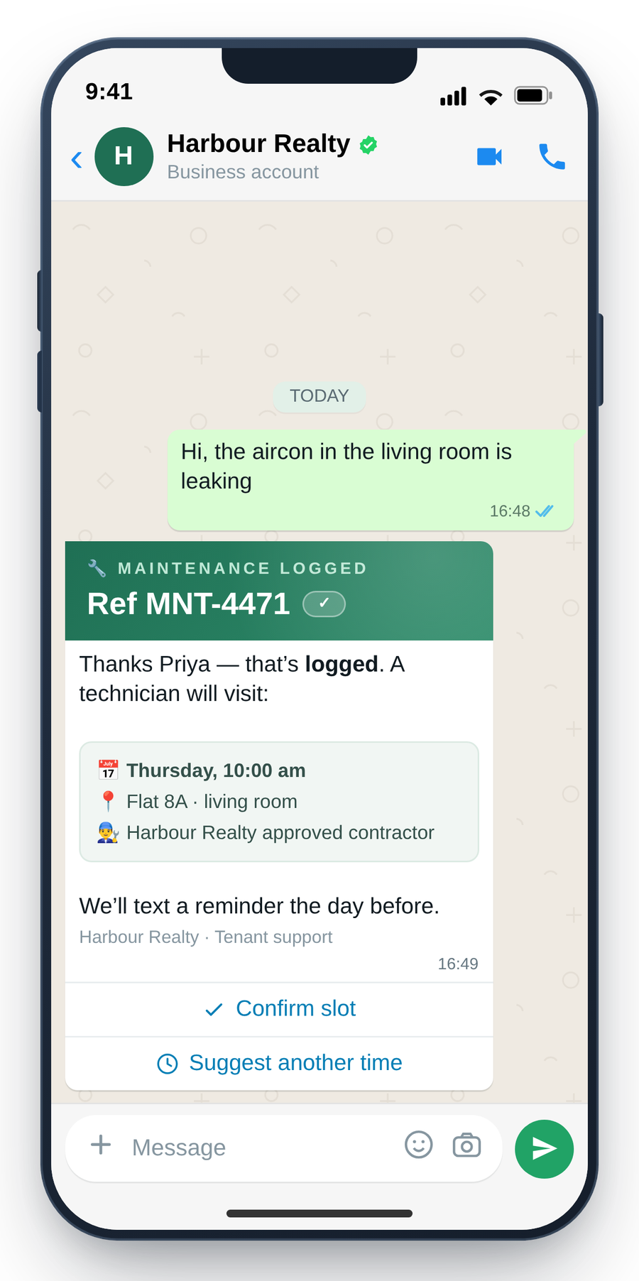 WhatsApp maintenance request with photo triage and on-call vendor scheduling