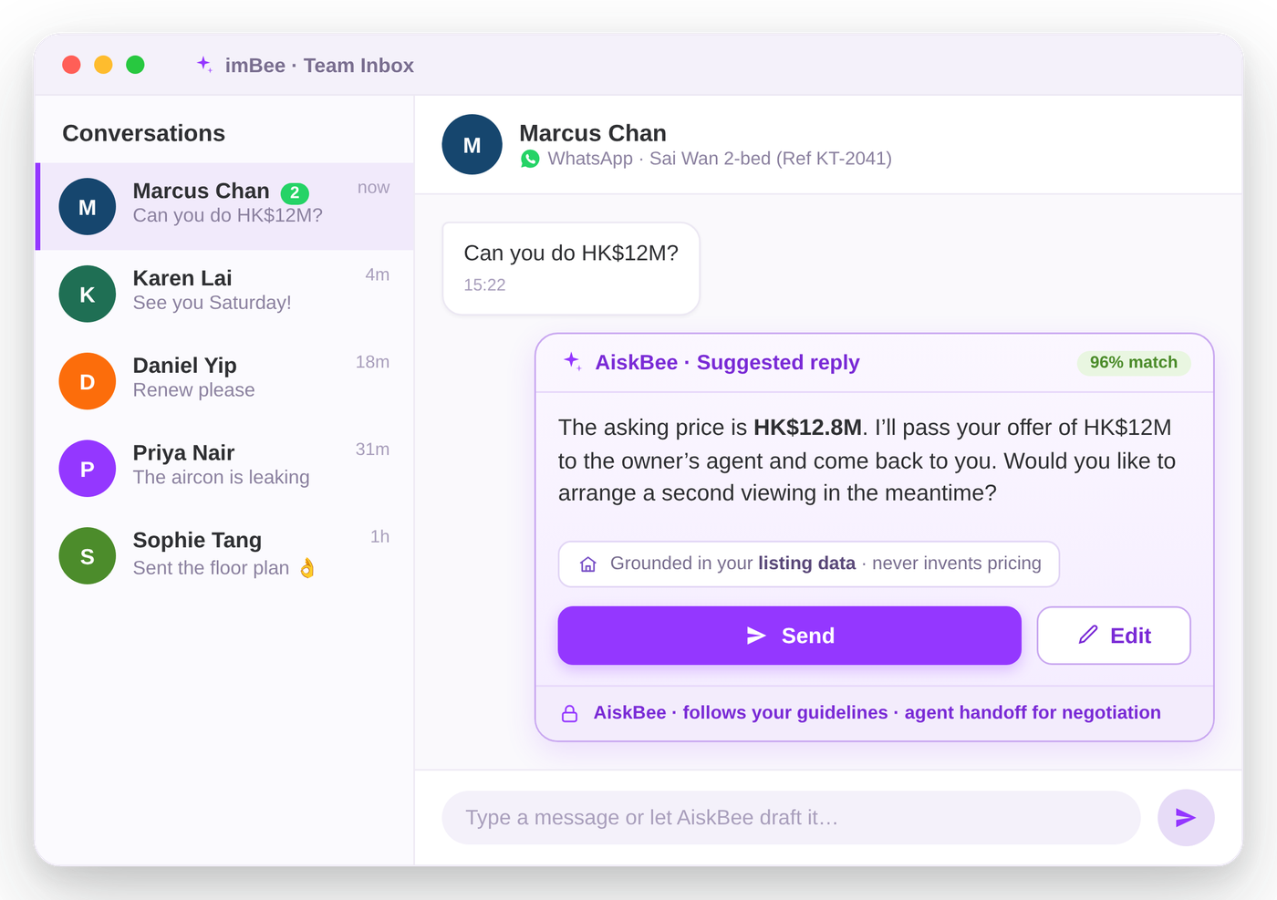 imBee AI drafting a governed, grounded reply in the imBee Team Inbox
