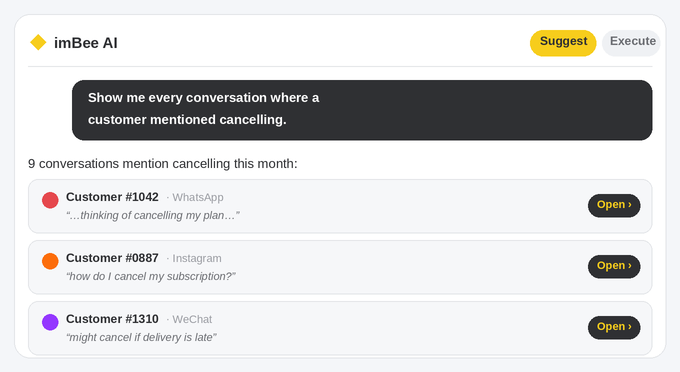 imBee AI listing every conversation where a customer mentioned cancelling, each linking to the source chat