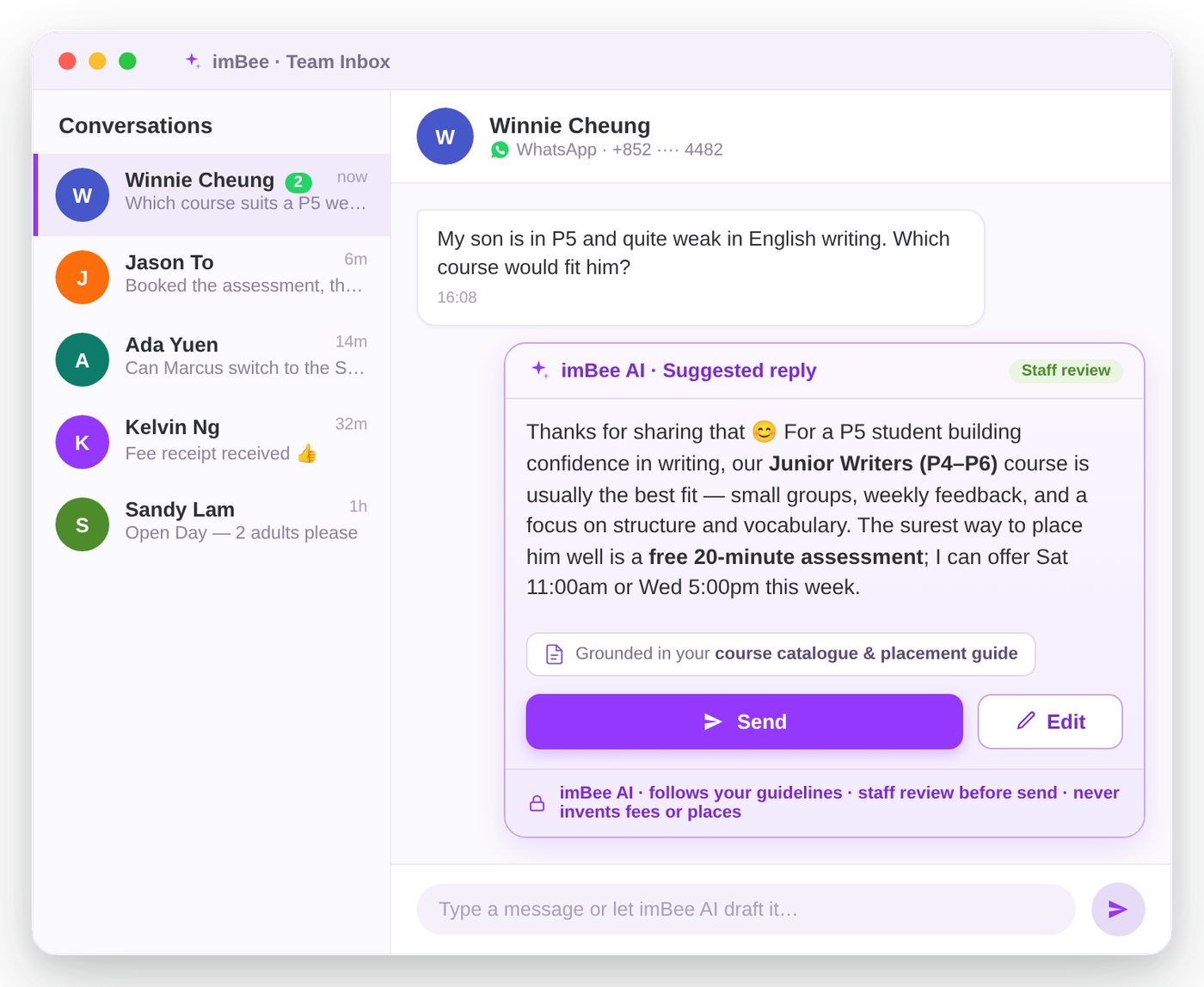 imBee AI drafting a governed, grounded reply in the imBee Team Inbox
