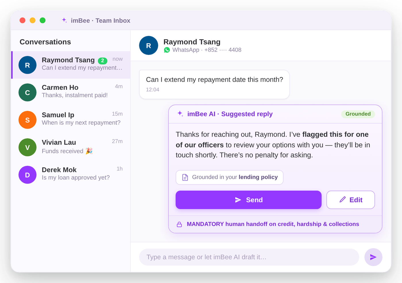 imBee AI drafting a governed, grounded reply in the imBee Team Inbox