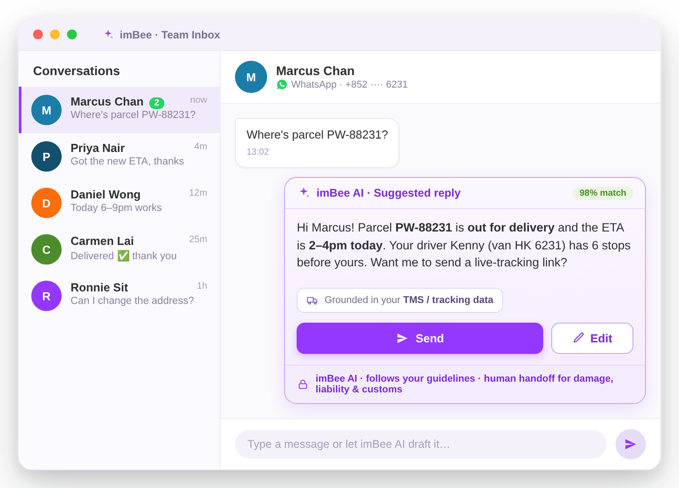 imBee AI drafting a governed, grounded reply in the imBee Team Inbox