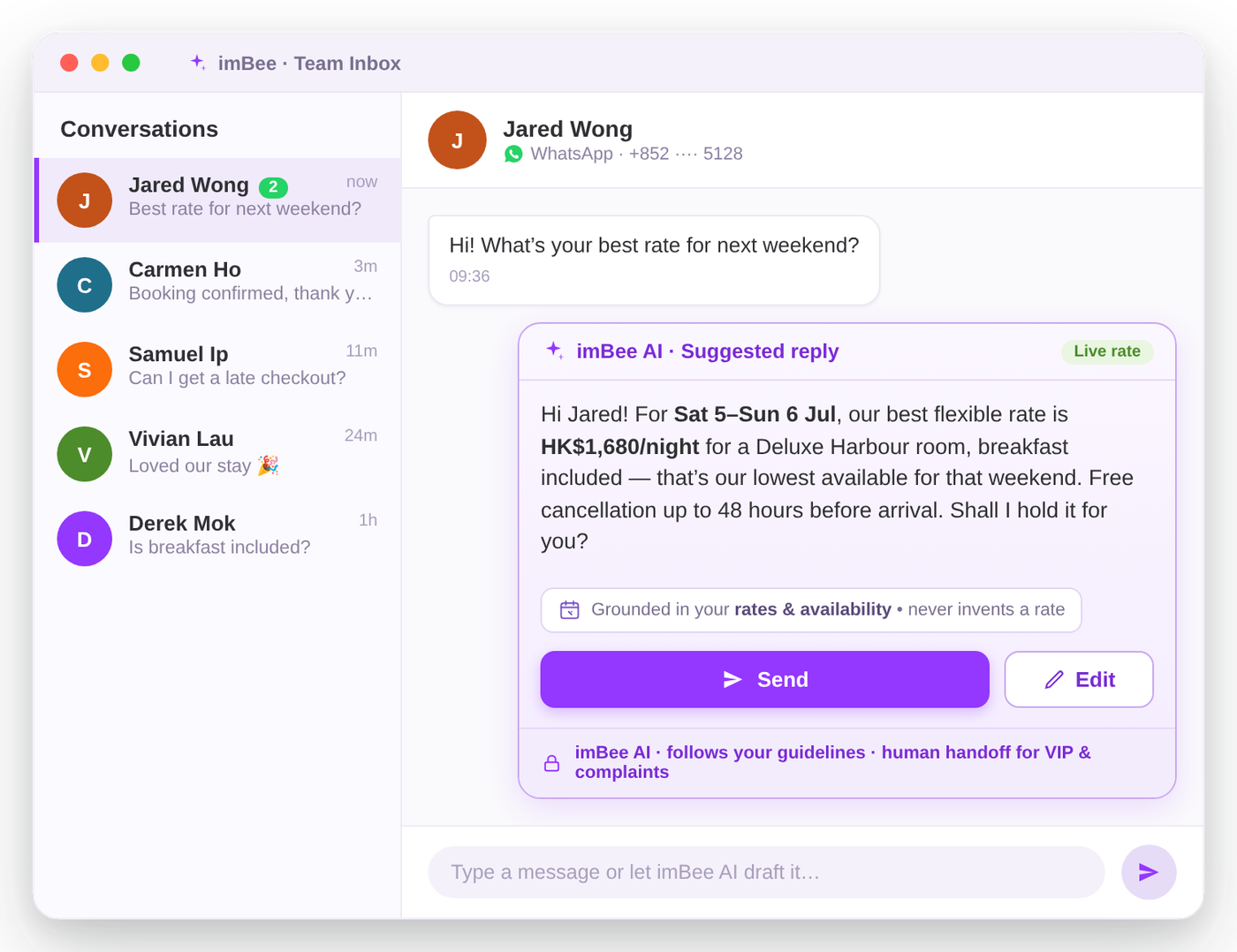 imBee AI drafting a governed, grounded reply in the imBee Team Inbox