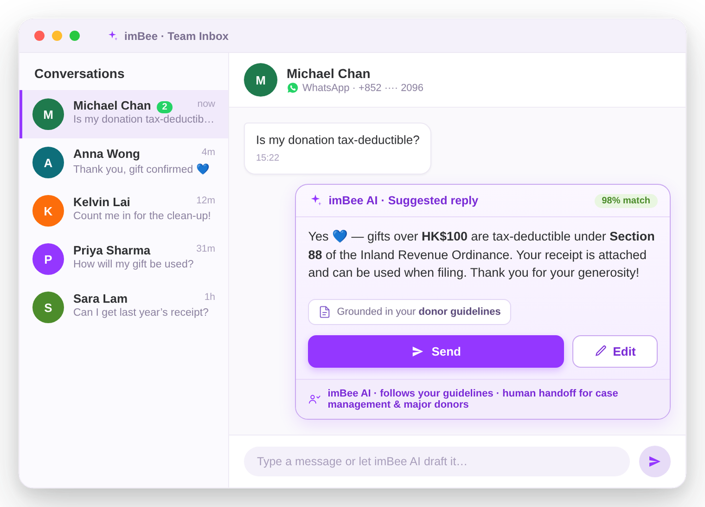 imBee AI drafting a governed, grounded reply in the imBee Team Inbox