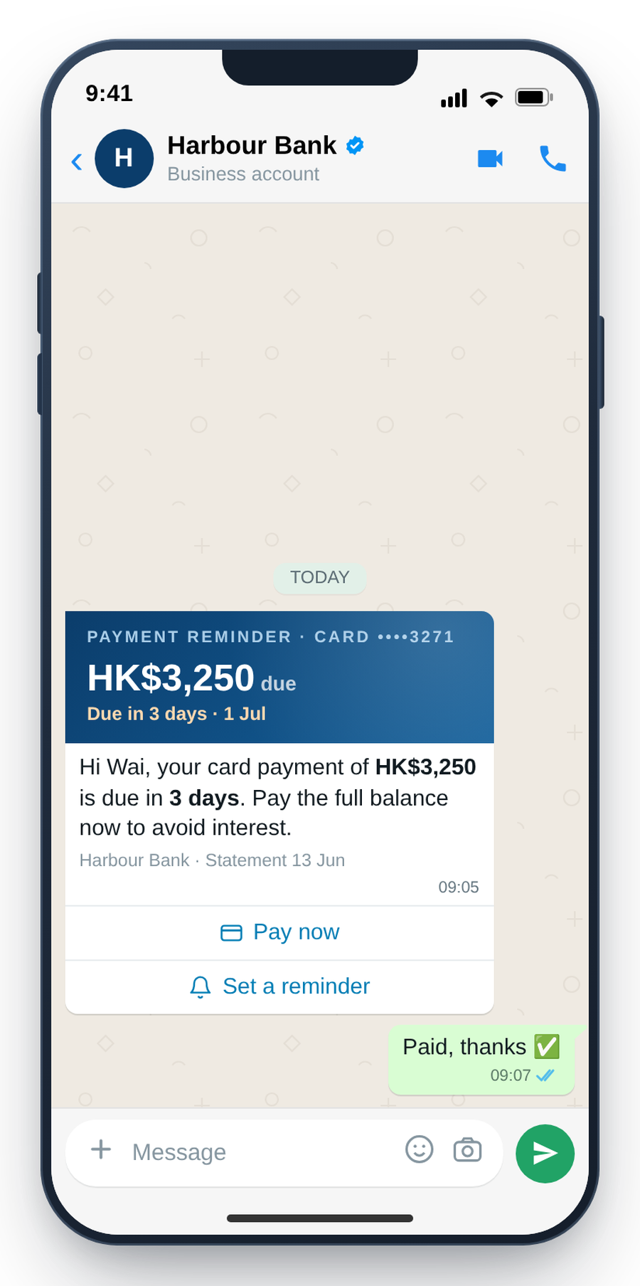 WhatsApp payment reminder with one-tap pay and status