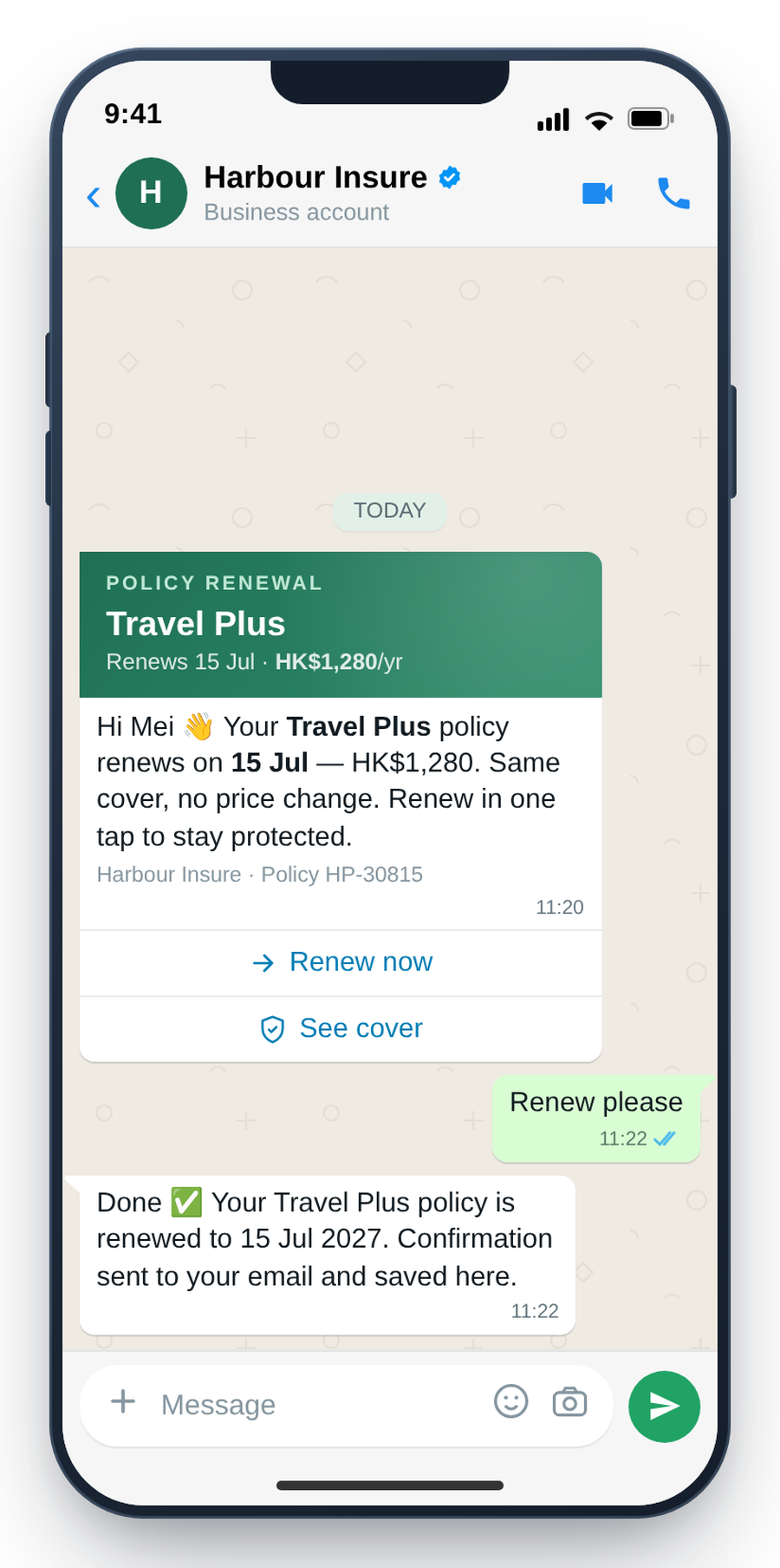 WhatsApp policy renewal reminder with one-tap renew