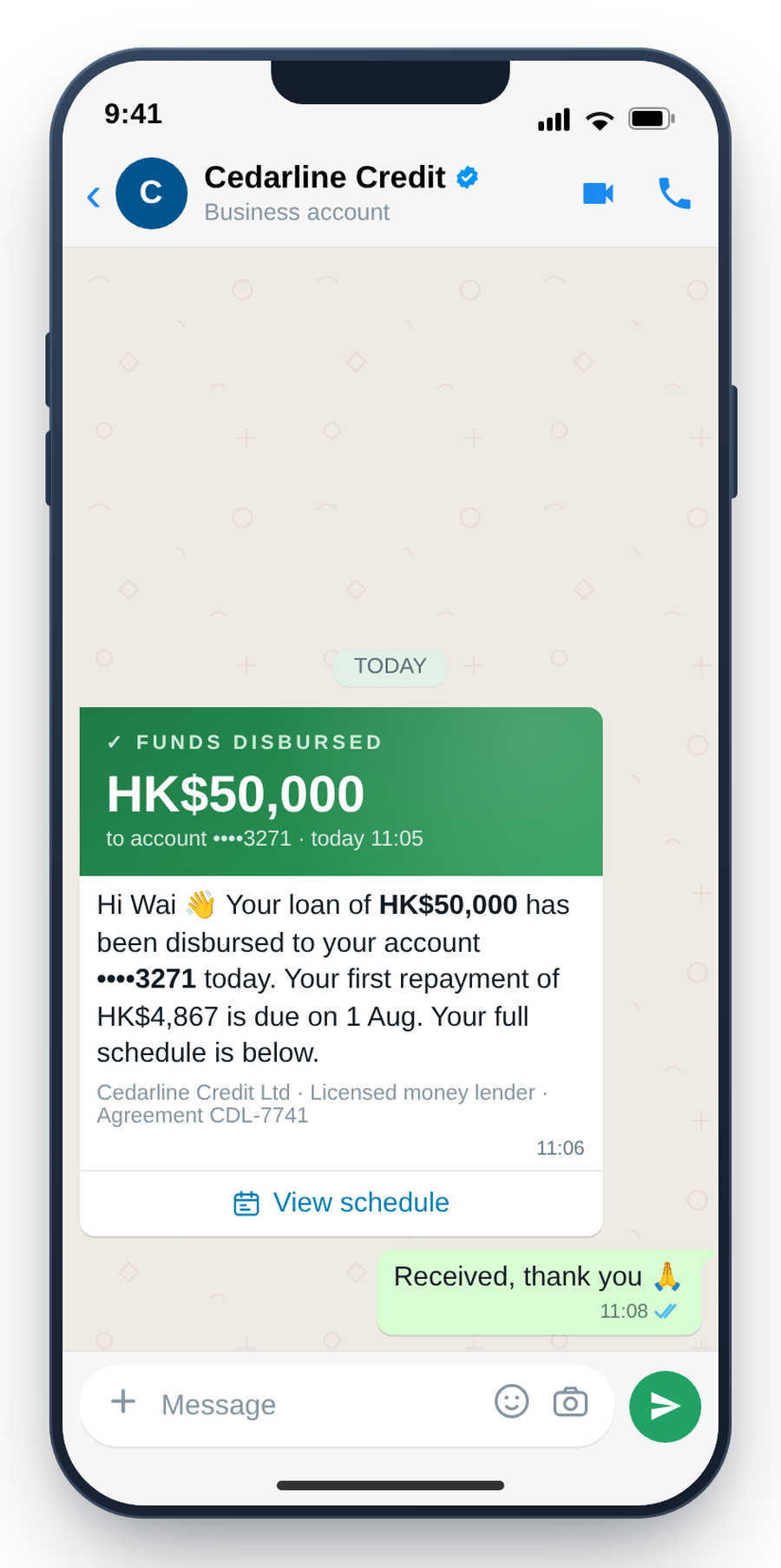 WhatsApp loan application and disbursement confirmation for a licensed lender