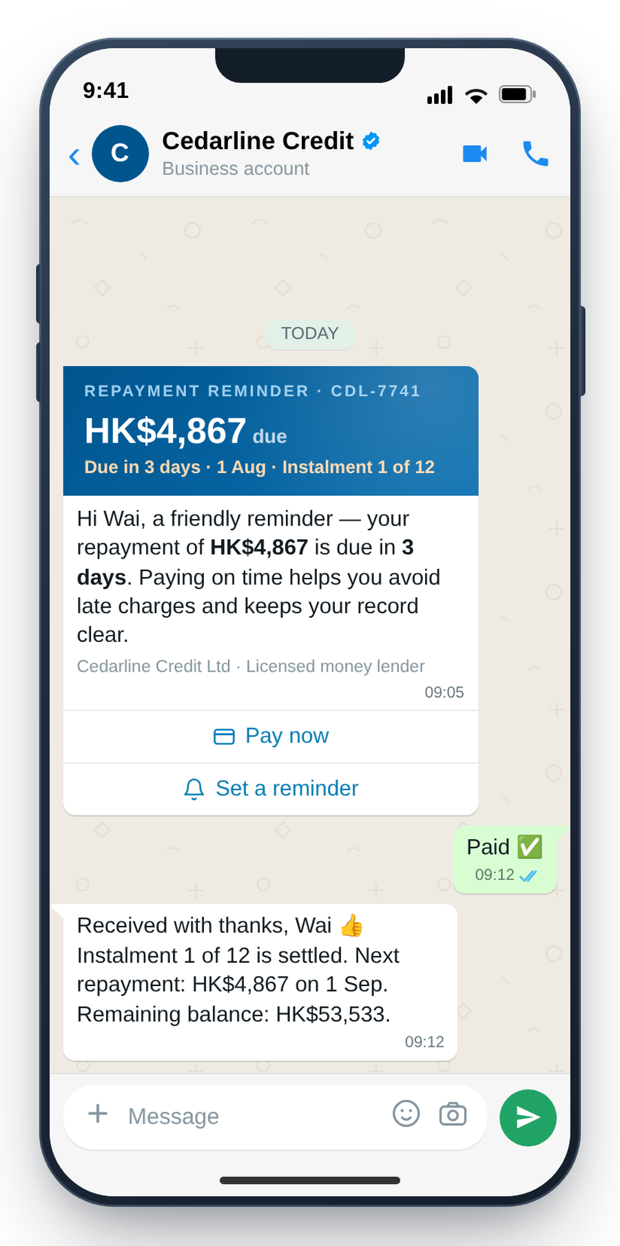 WhatsApp tiered repayment reminder with a one-tap pay link