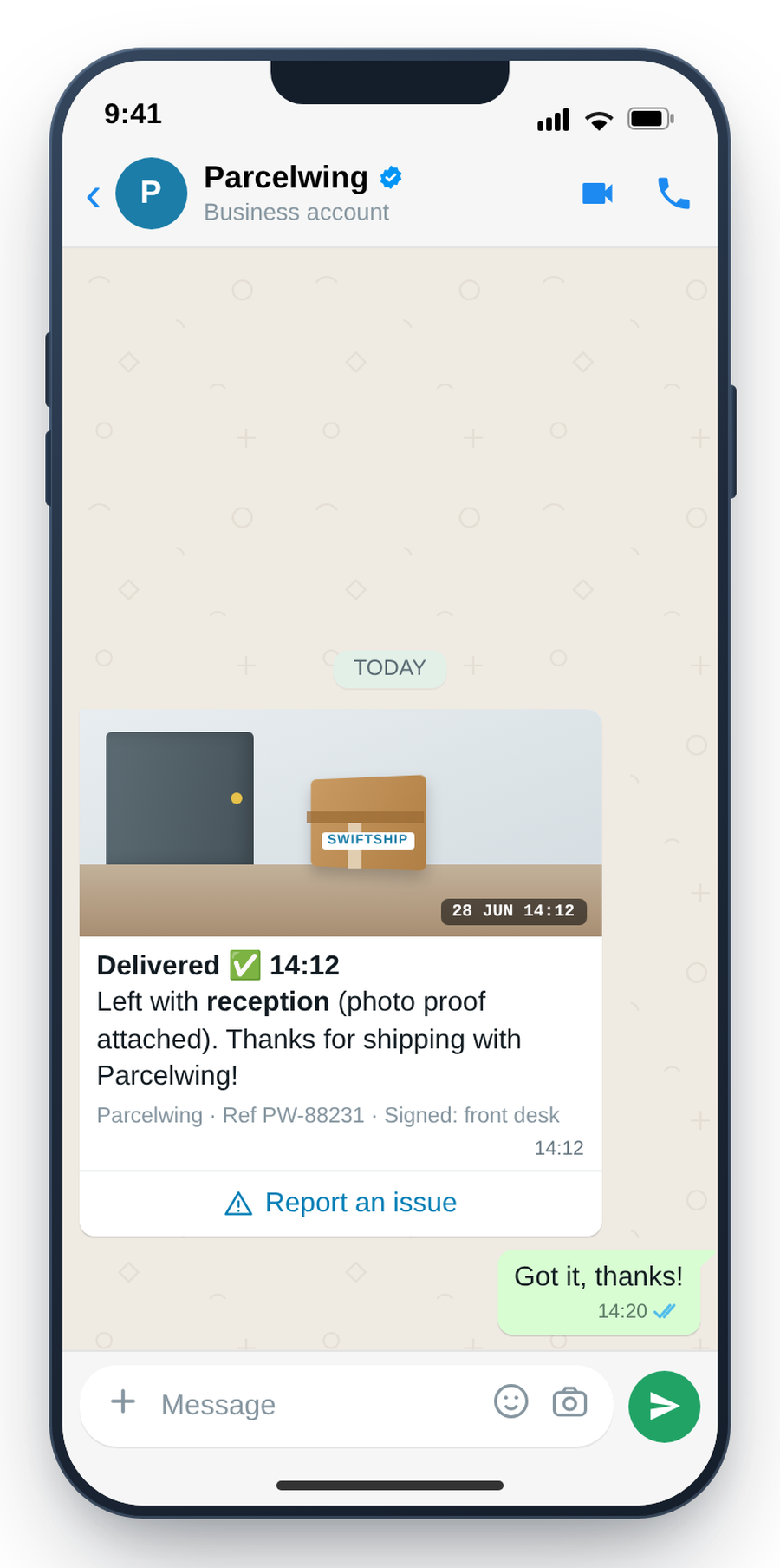 WhatsApp delivered notification with time-stamped photo proof of delivery and signature
