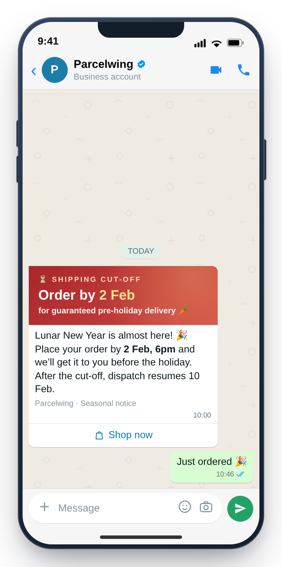 WhatsApp peak-season shipping cut-off broadcast to opted-in shippers