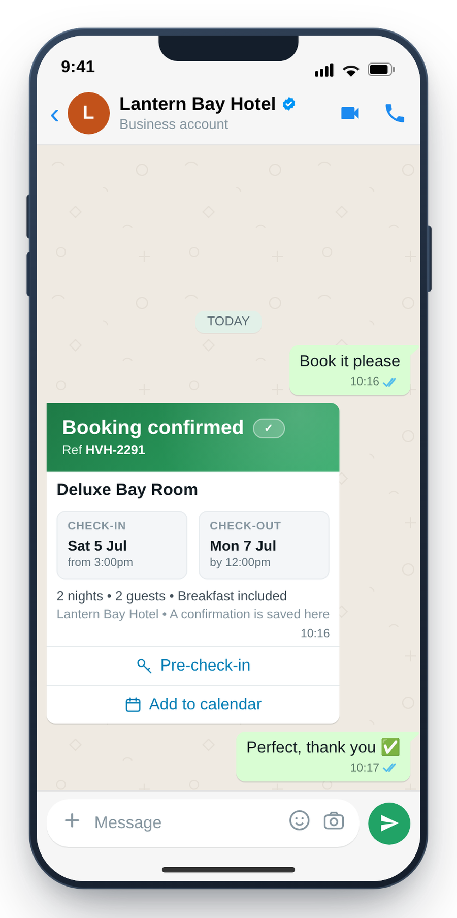 WhatsApp booking confirmation with itinerary and rate, grounded in the hotel PMS