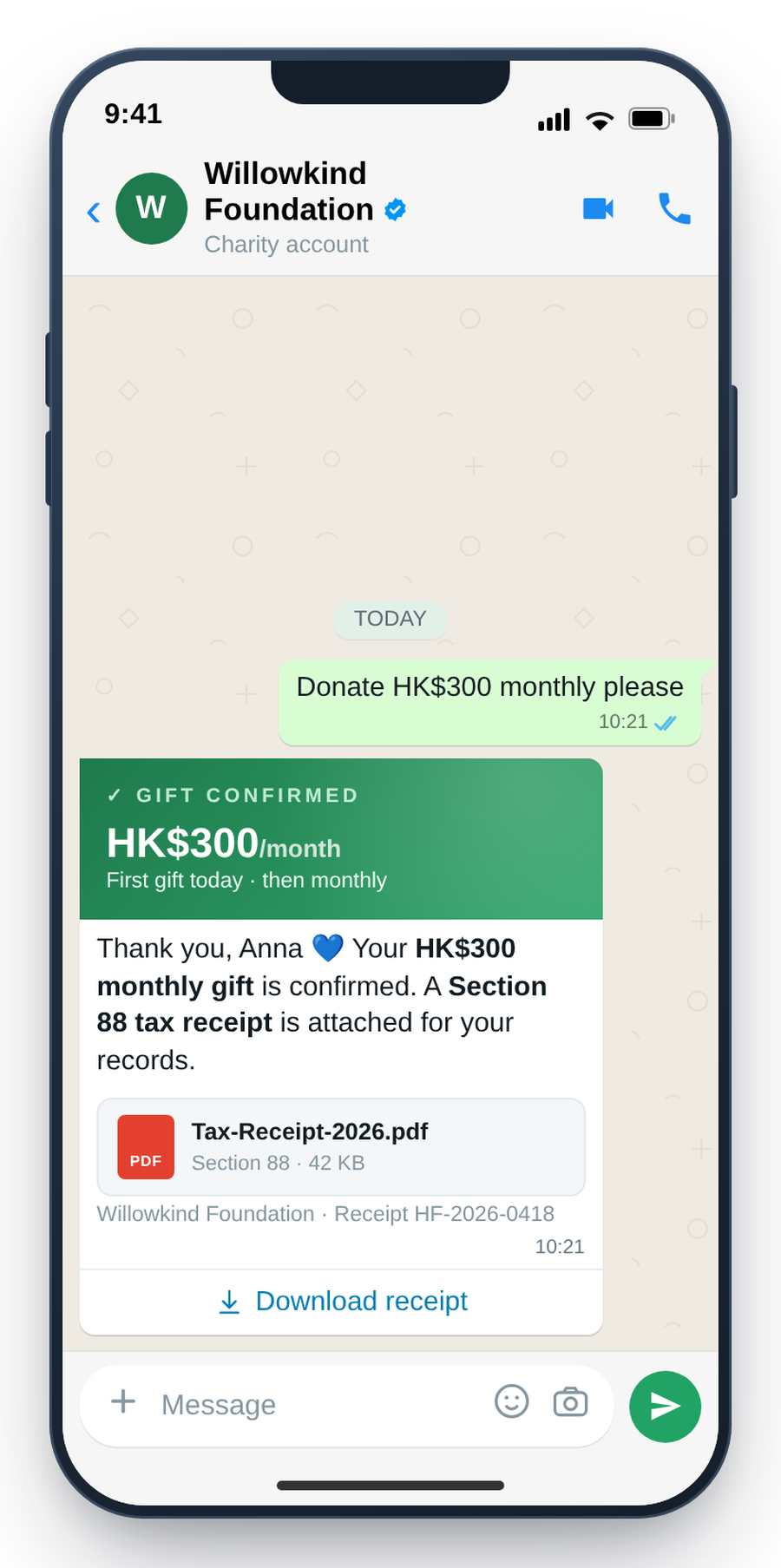 WhatsApp donation confirmation with an instant Section 88 tax receipt PDF in the thread