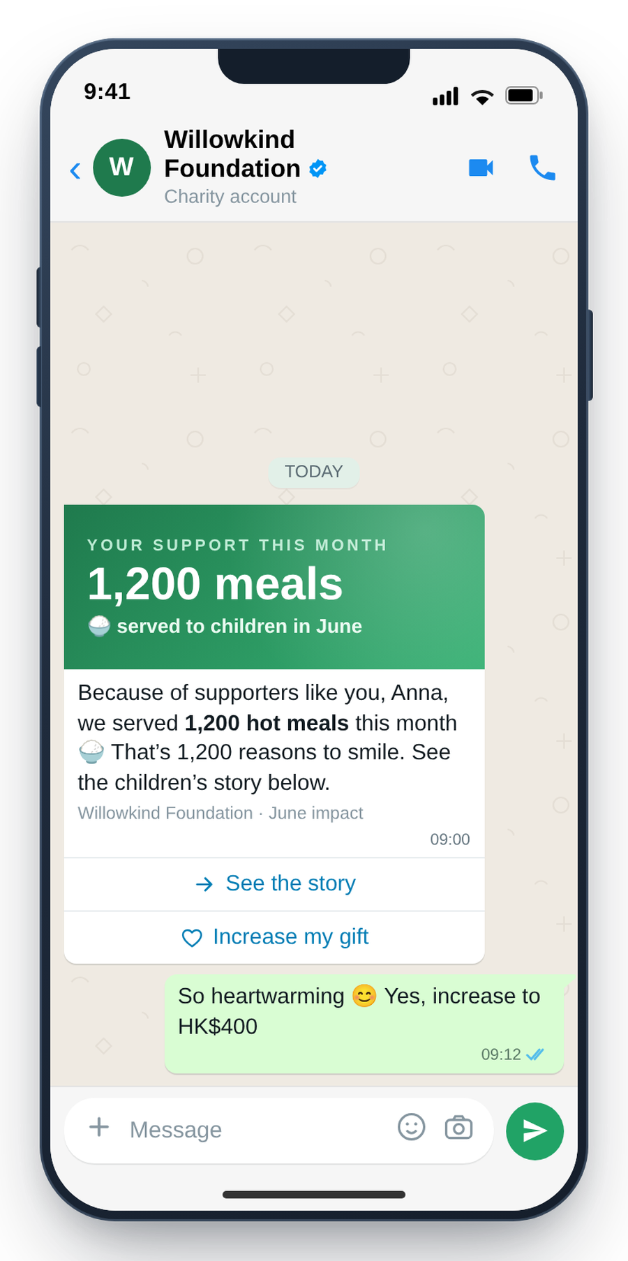 WhatsApp monthly impact update with a one-tap option to increase the gift