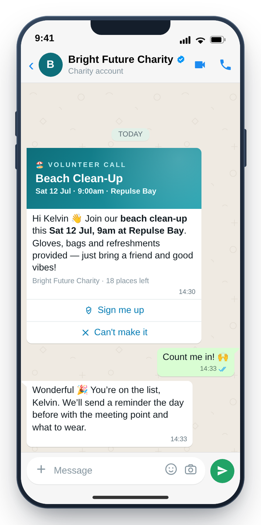 WhatsApp volunteer sign-up for a community event with one-tap confirmation