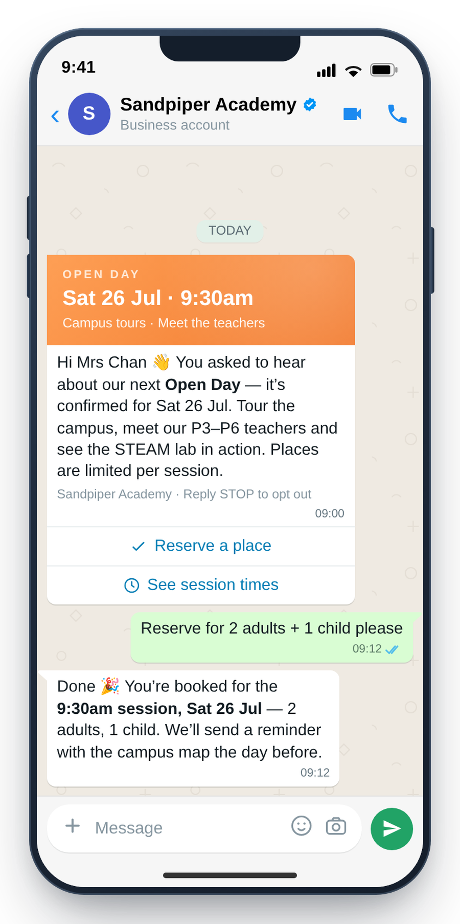 WhatsApp open-day invitation with RSVP buttons