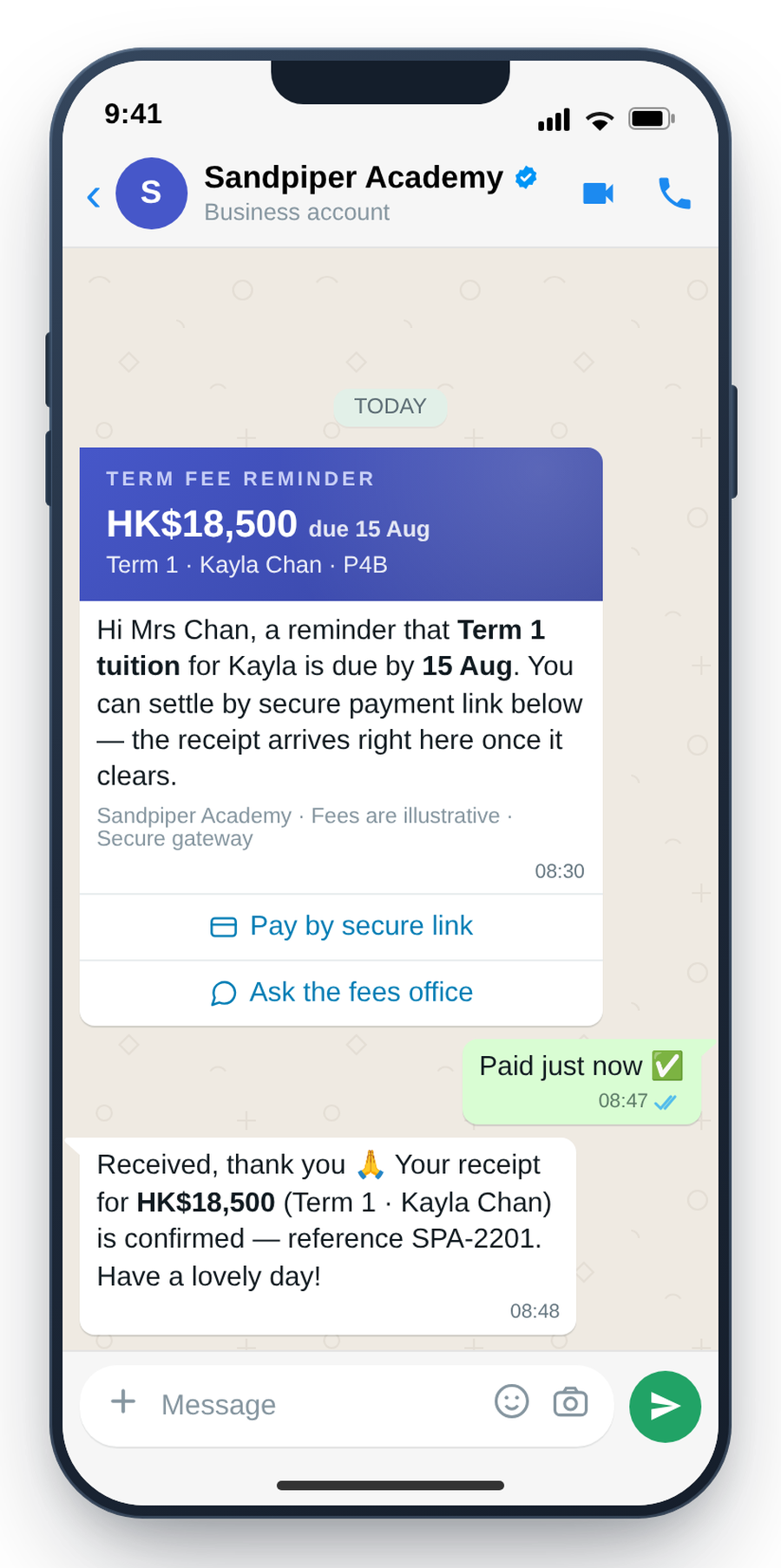 WhatsApp term-fee reminder with secure payment link