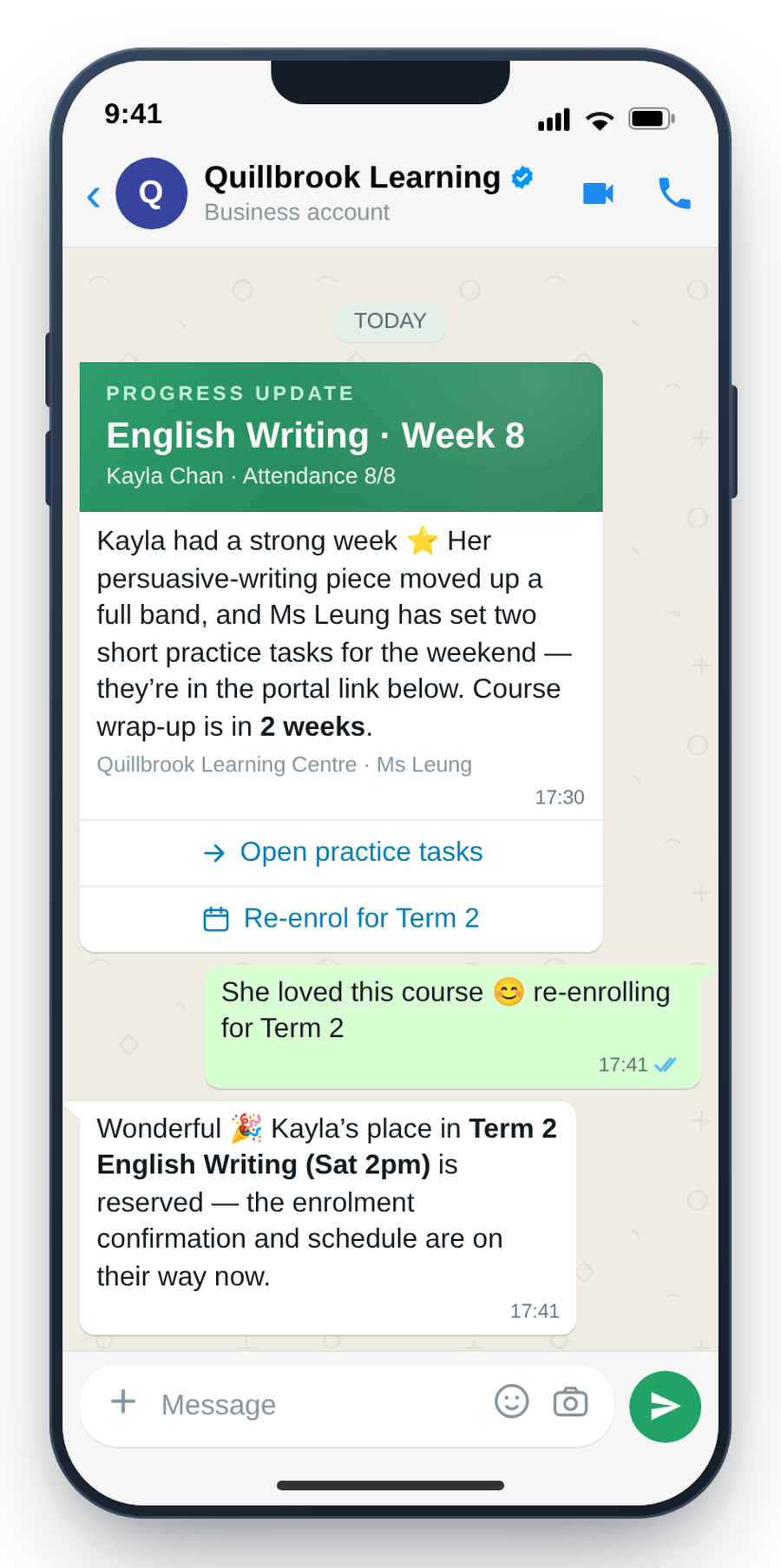WhatsApp parent progress update with re-enrolment button