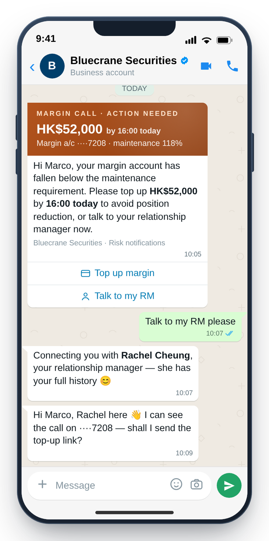 WhatsApp margin-call alert with one-tap escalation to a relationship manager