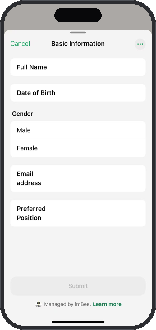 WhatsApp Form open inside the chat collecting patient name, date of birth and contact details with an in-chat Submit