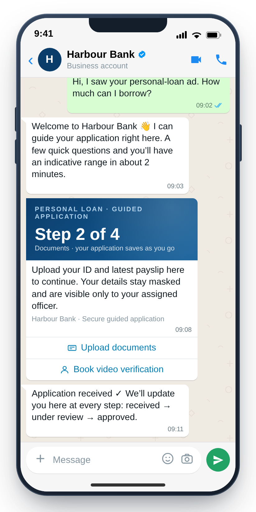 WhatsApp guided loan application with document upload and status updates