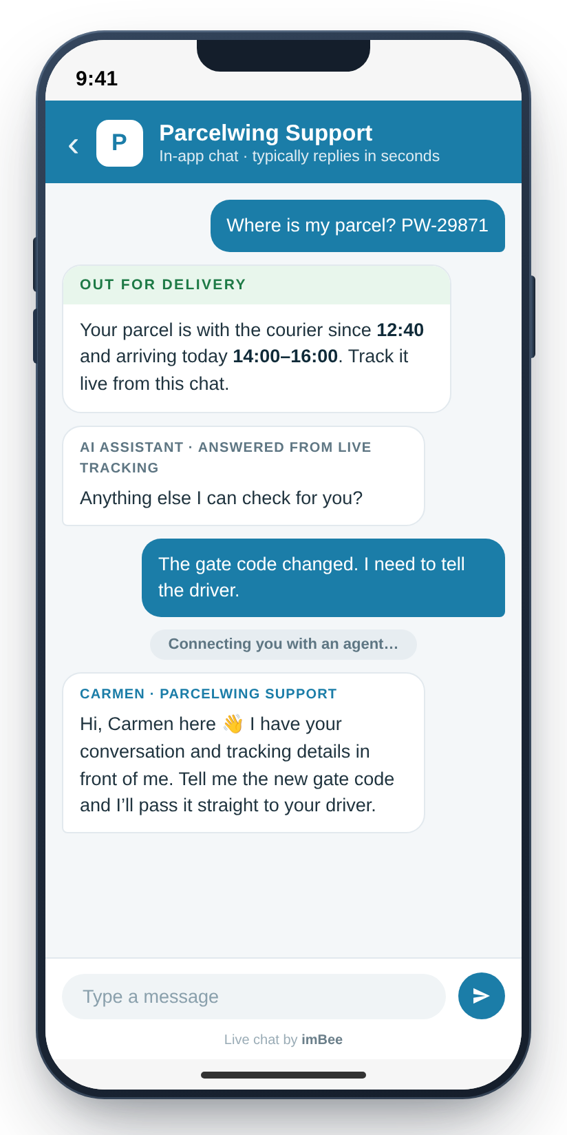 Branded in-app live chat built on imBee's SDK, with an AI tracking answer and handover to a human agent
